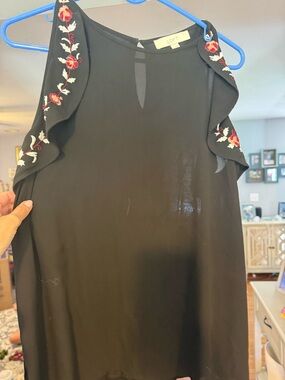 LOFT Black Sleeveless Ruffle Top with Red & White Floral Embroidery